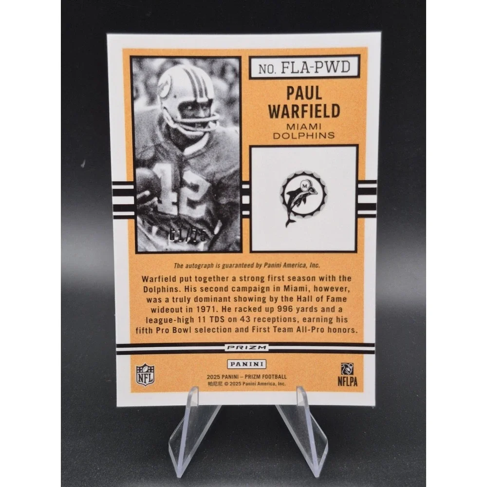 2025 Panini Prizm Paul Warfield #FLA-PWD Flashback Auto Green Scope Prizm /75